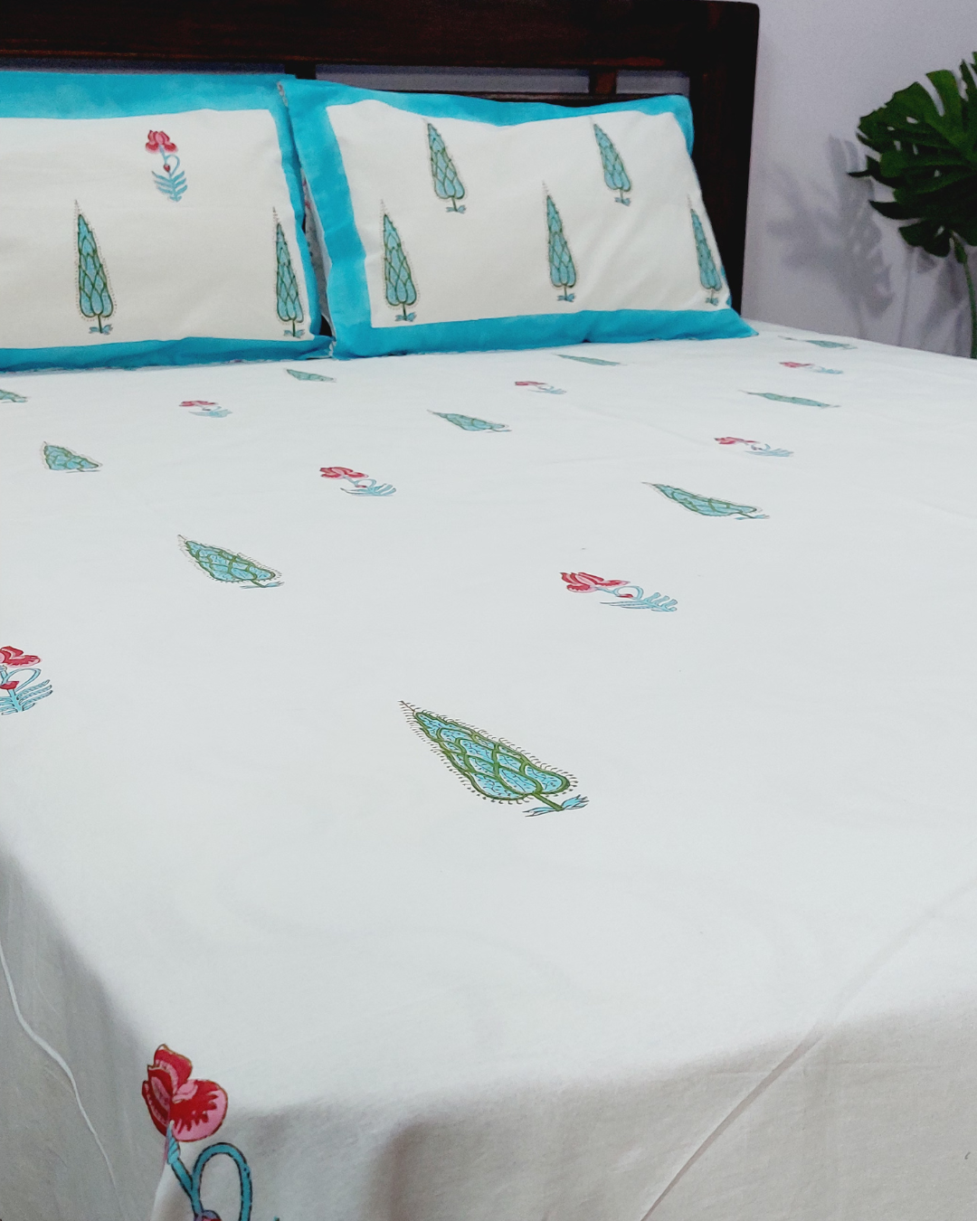 Gul Hand Block Printed Icy Blue  Bedsheet