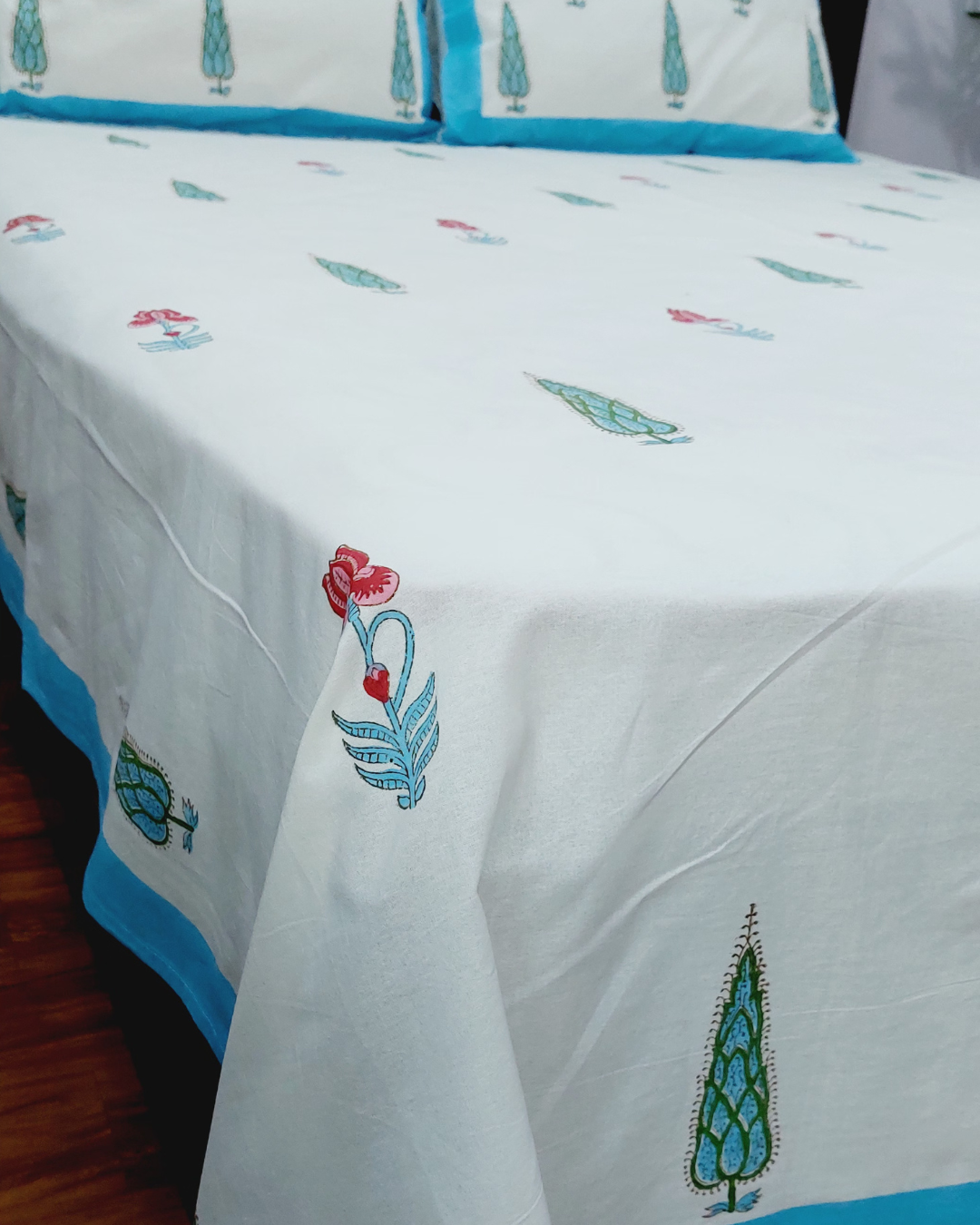 Gul Hand Block Printed Icy Blue  Bedsheet