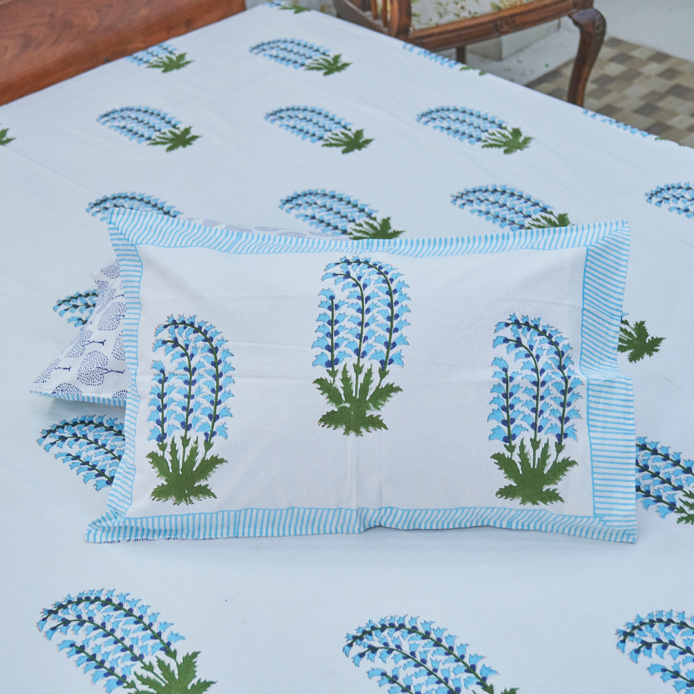 Cotton White Blue Plant Block Print Queen Size Bedsheet