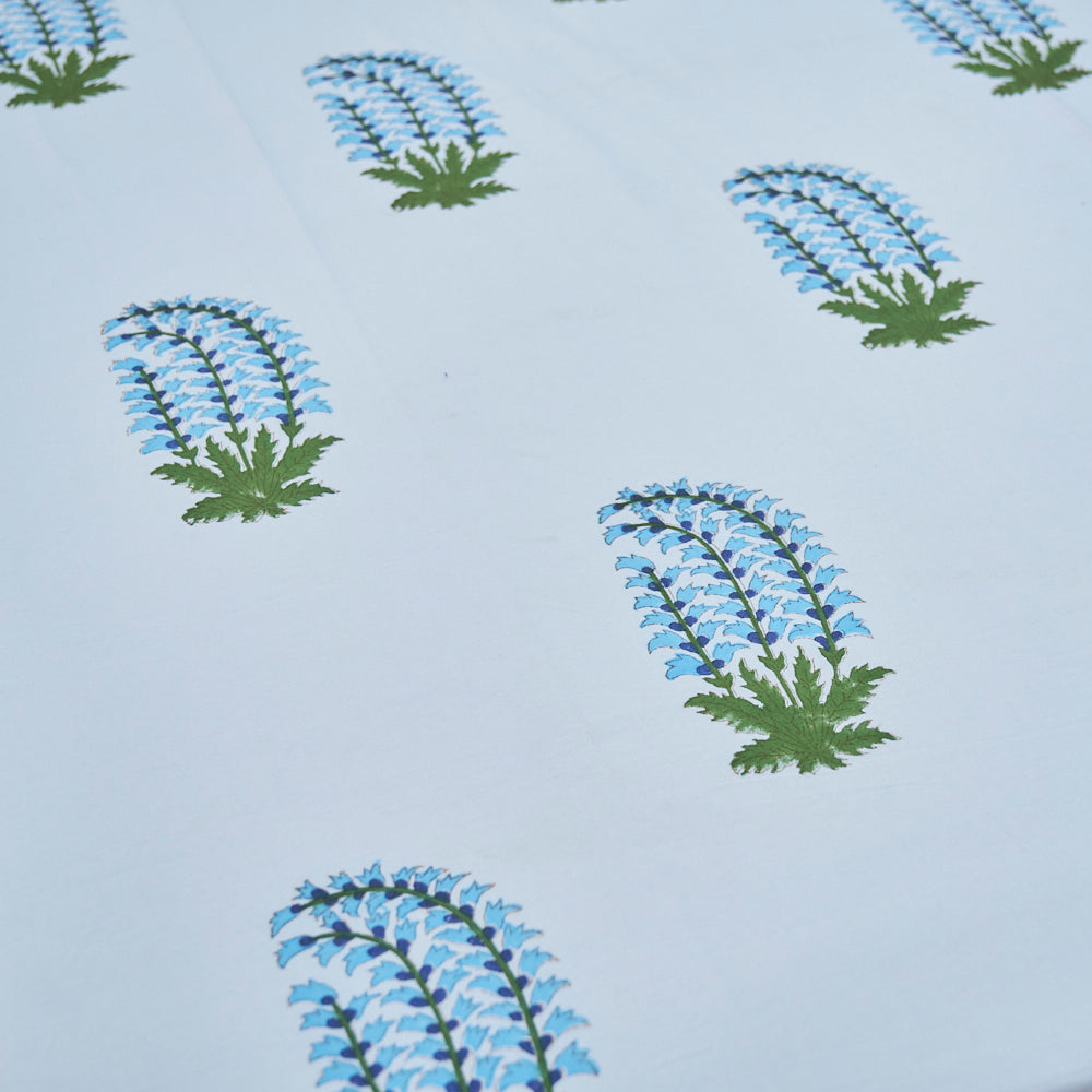 Cotton White Blue Plant Block Print Queen Size Bedsheet