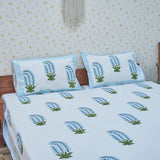 Cotton White Blue Plant Block Print Queen Size Bedsheet