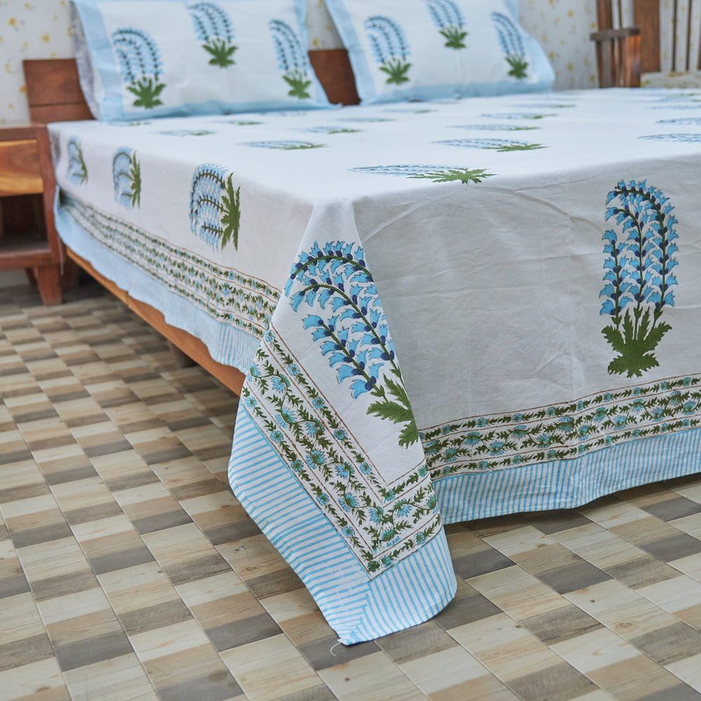Cotton White Blue Plant Block Print Queen Size Bedsheet