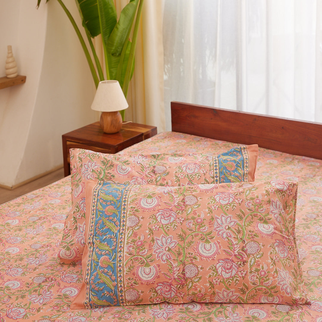 Cotton Double Bed Sheet Peach Green Floral Jaal Block Print