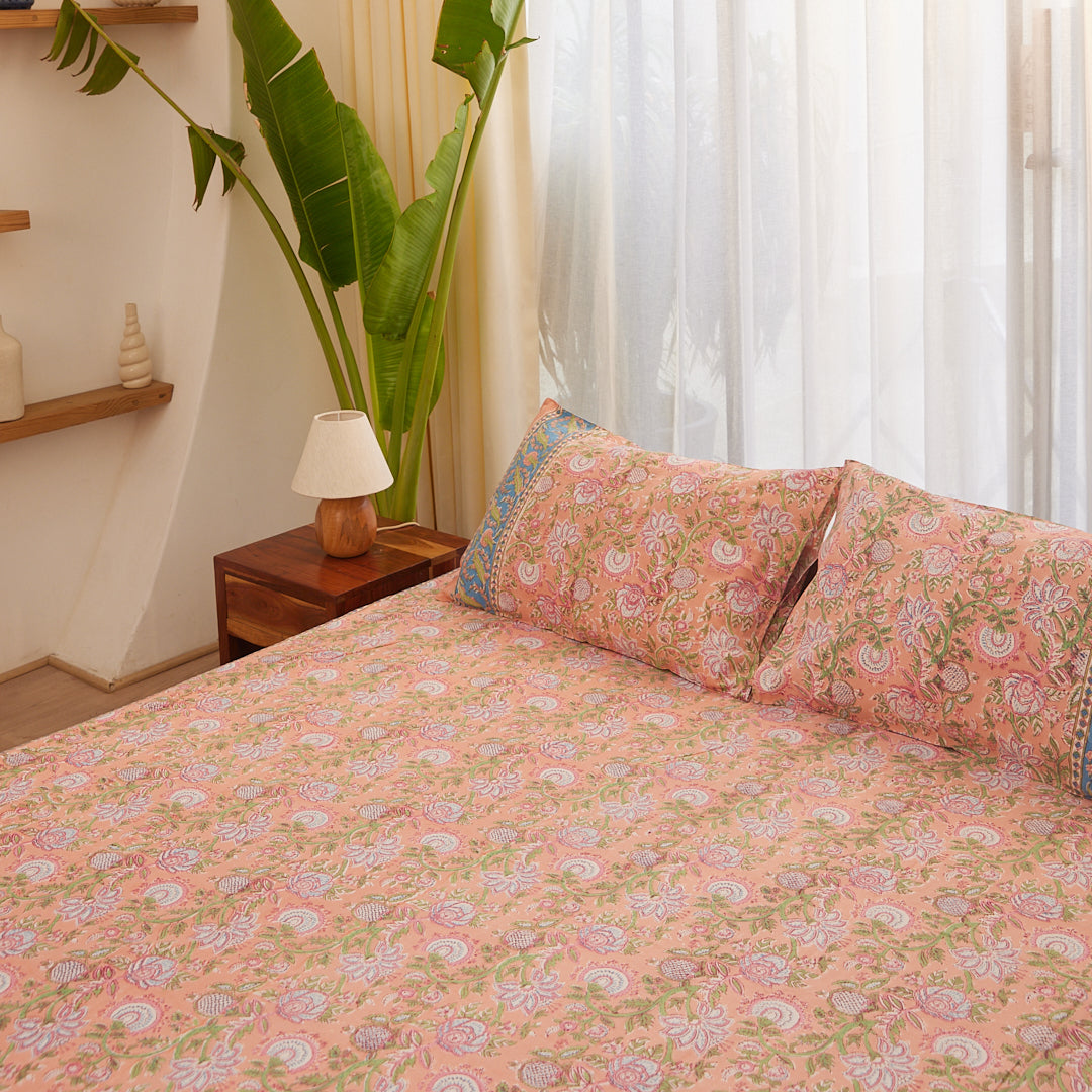 Cotton Double Bed Sheet Peach Green Floral Jaal Block Print