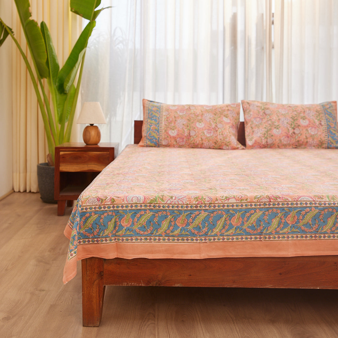 Cotton King Size BedSheet Peach Green Floral Jaal Block Print