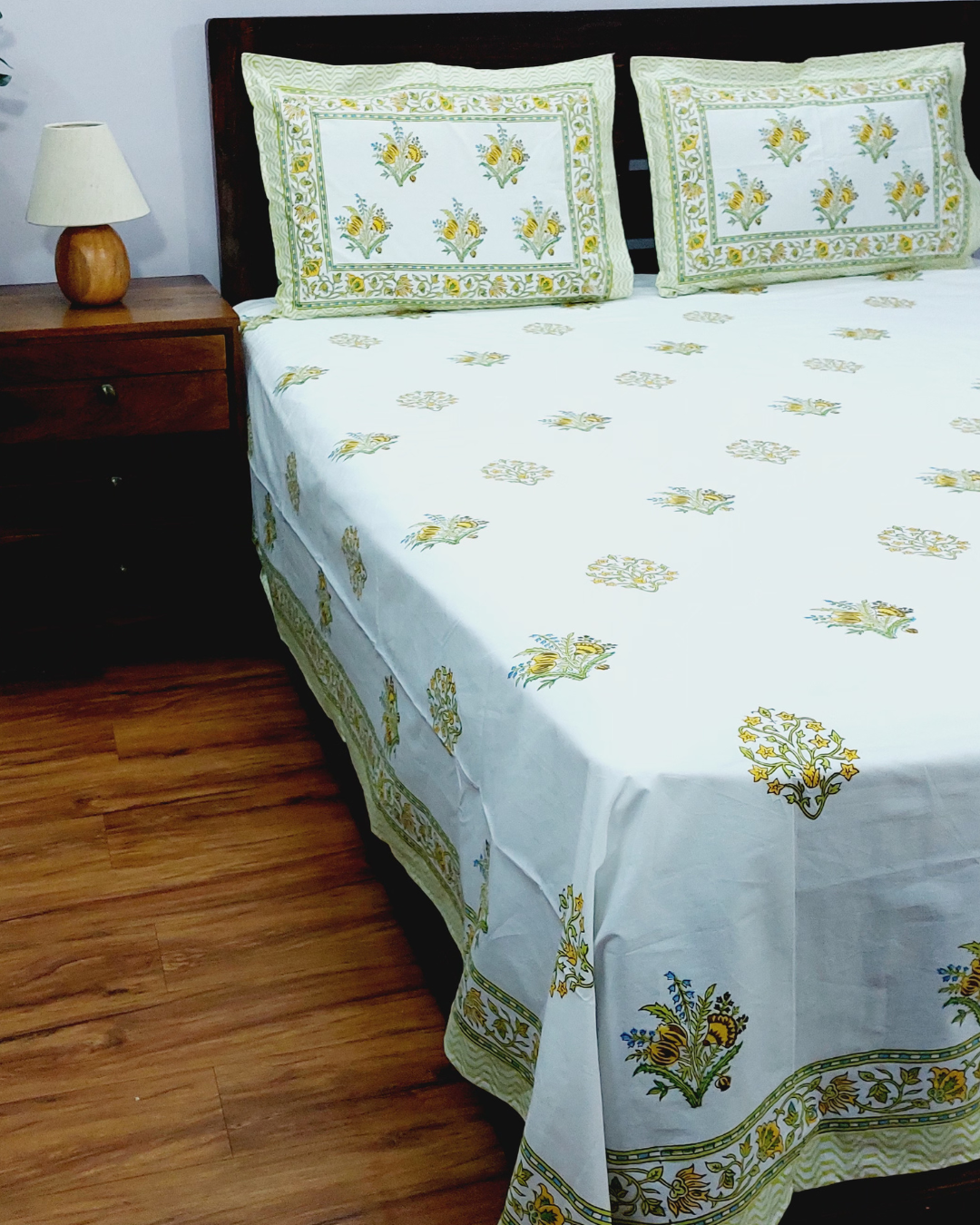 Super Fine Cotton bedsheet Mustard-Green Floral Boota Block Print