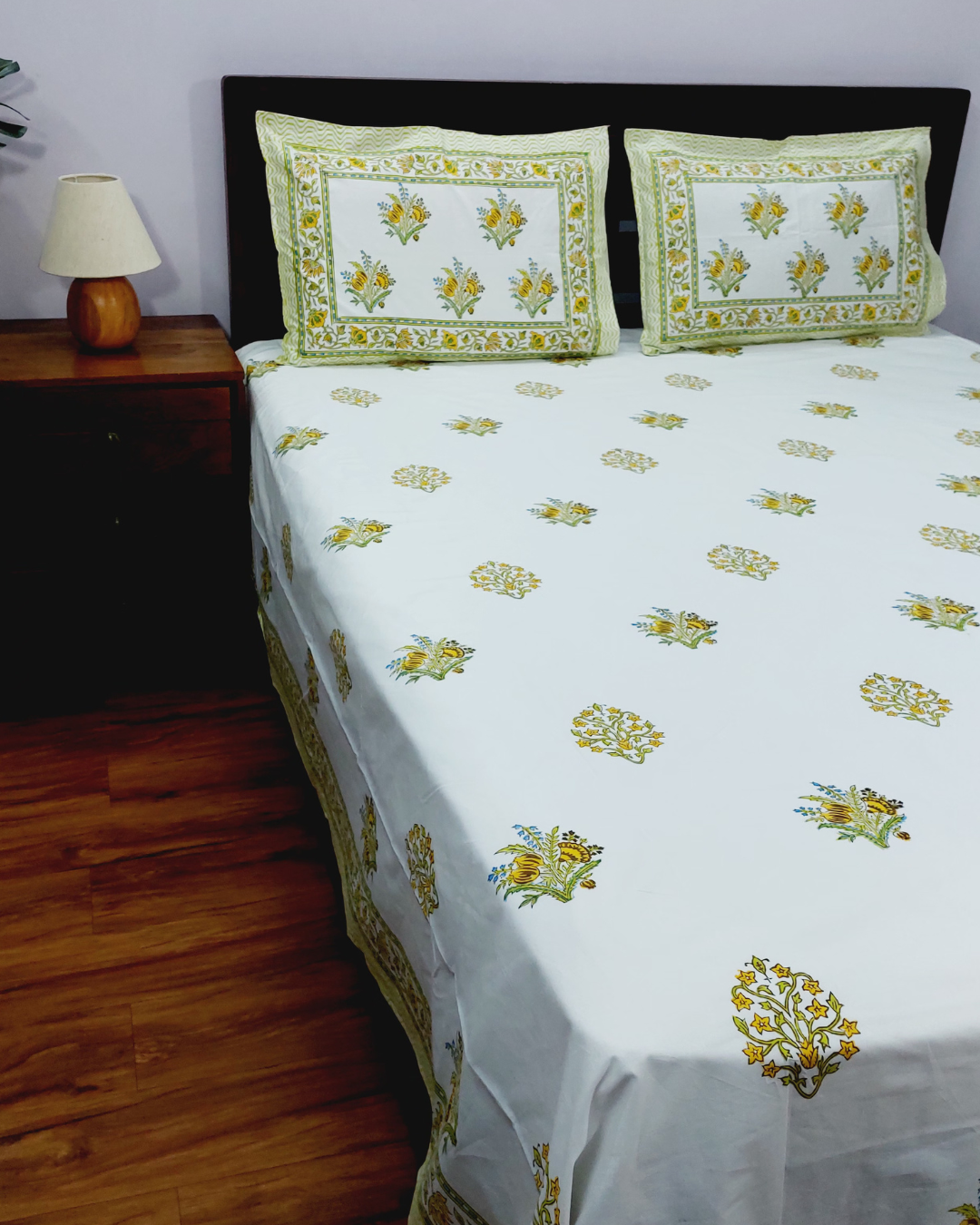 Super Fine Cotton bedsheet Mustard-Green Floral Boota Block Print