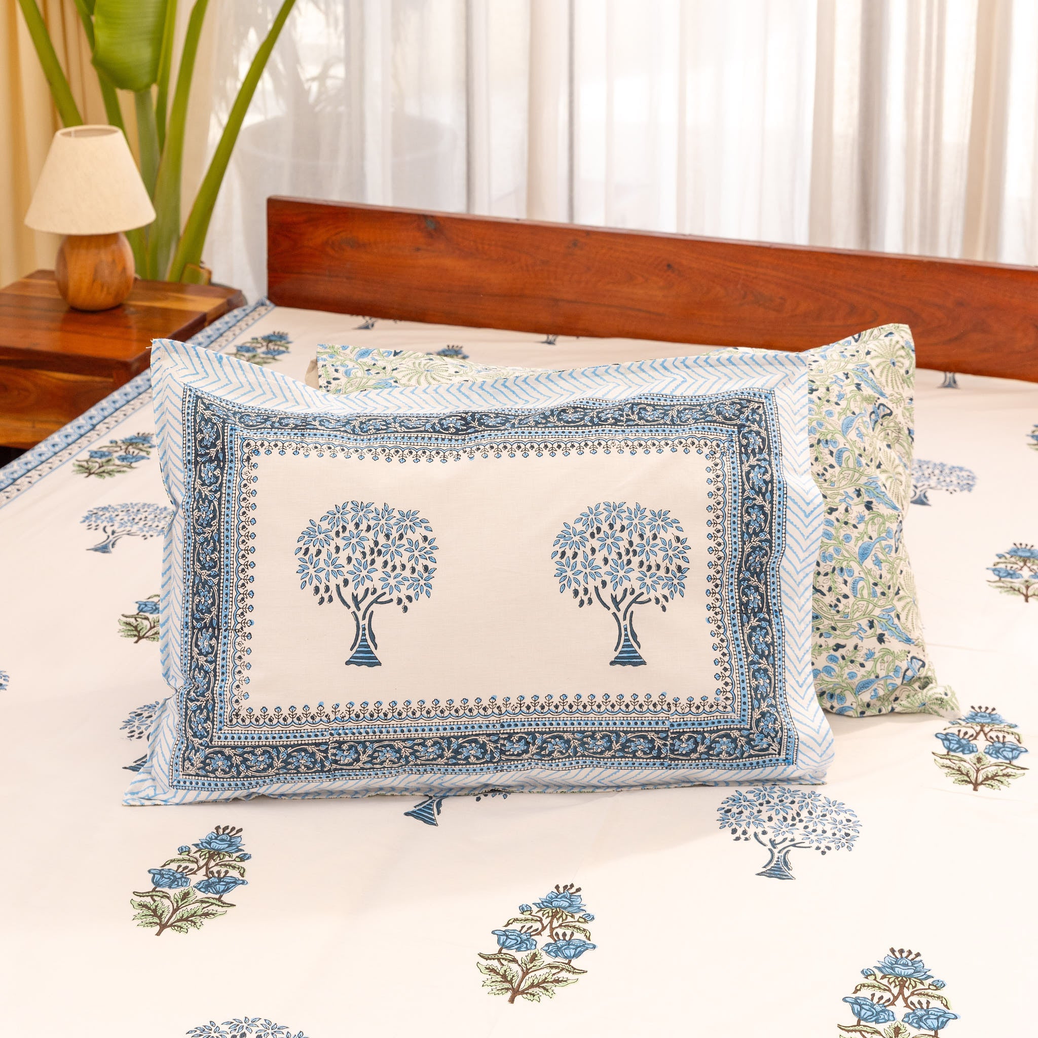 Super Fine Cotton Bedsheet Blue-Green Floral Boota Block Print