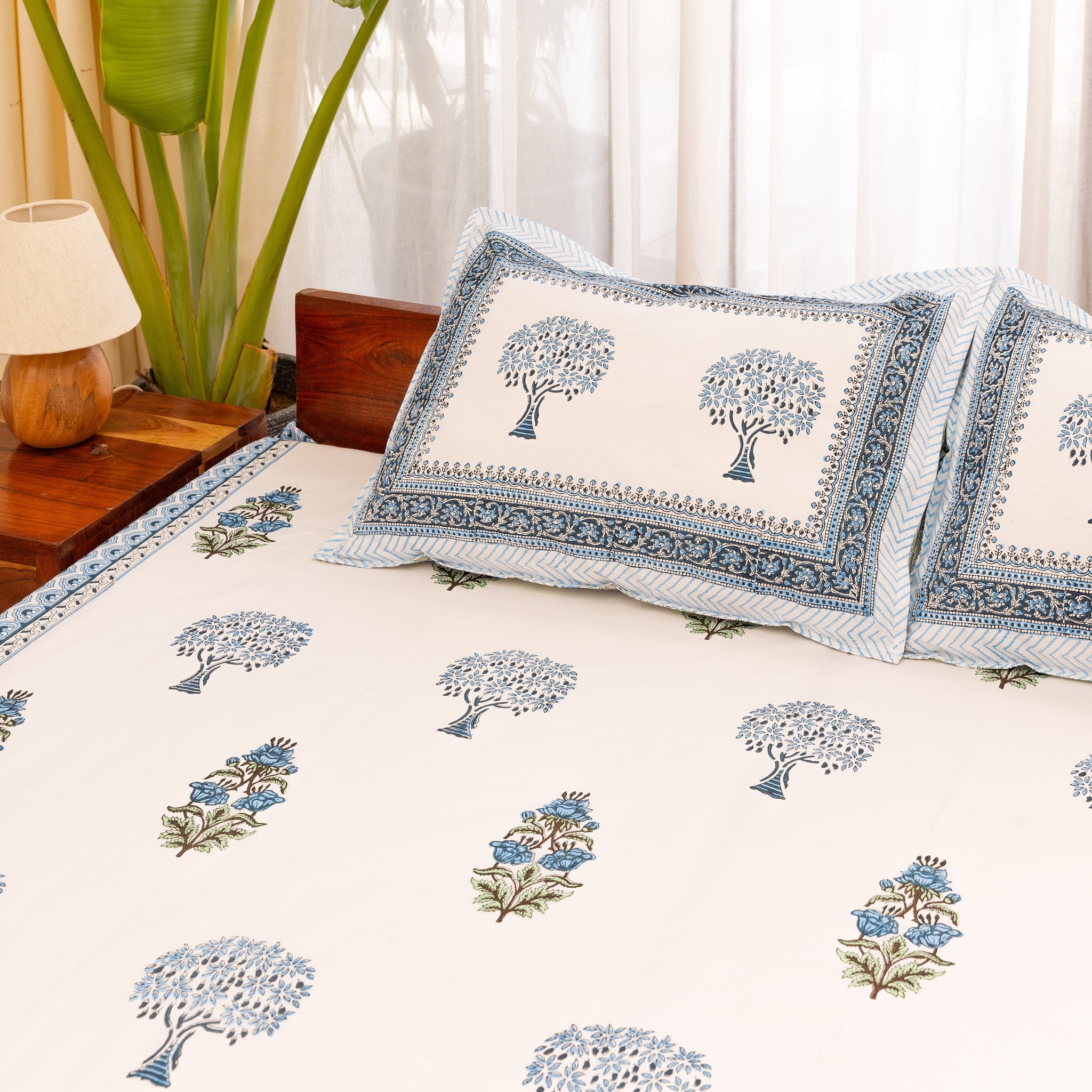 Super Fine Cotton Bedsheet Blue-Green Floral Boota Block Print