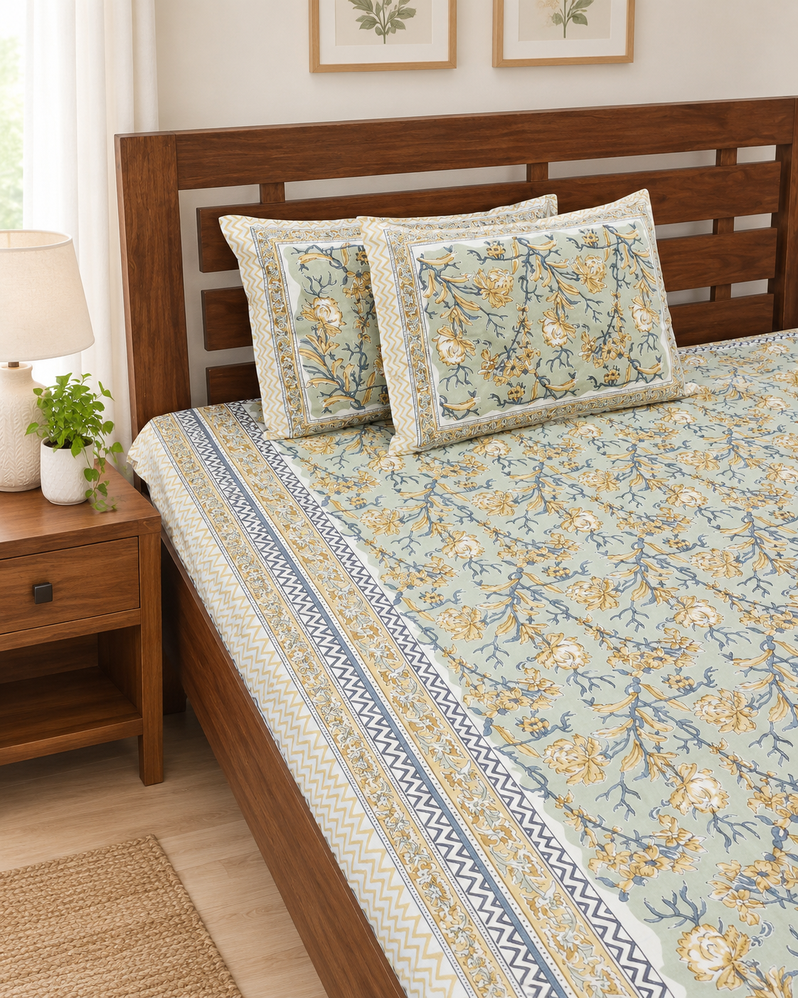Cotton Queen Size Bedsheet – Sage Green Botanical Floral Print