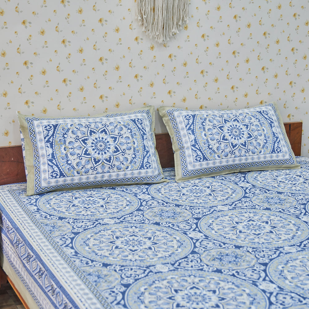 Cotton Flower Bel Print Blue Silver Queen Size Bedsheet