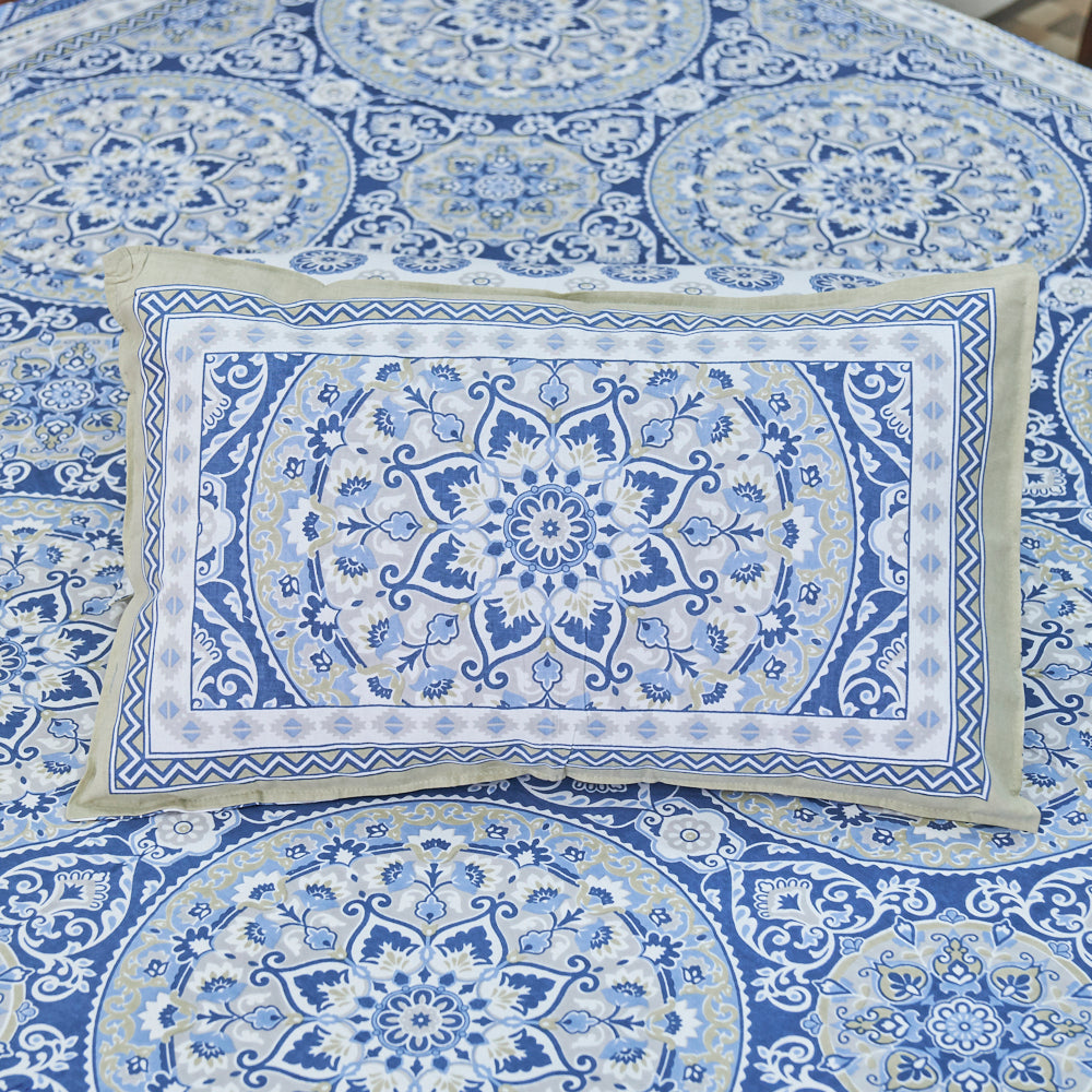 Cotton Flower Bel Print Blue Silver Queen Size Bedsheet