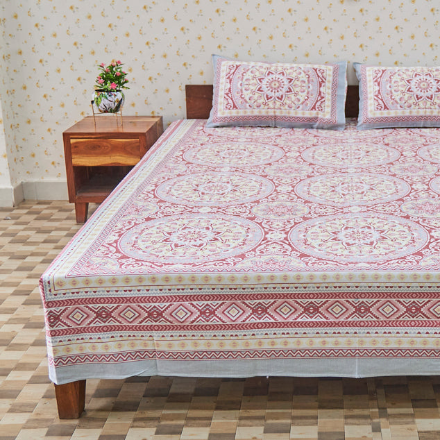 Cotton Flower Bel Print Red Yellow Queen Size Bedsheet