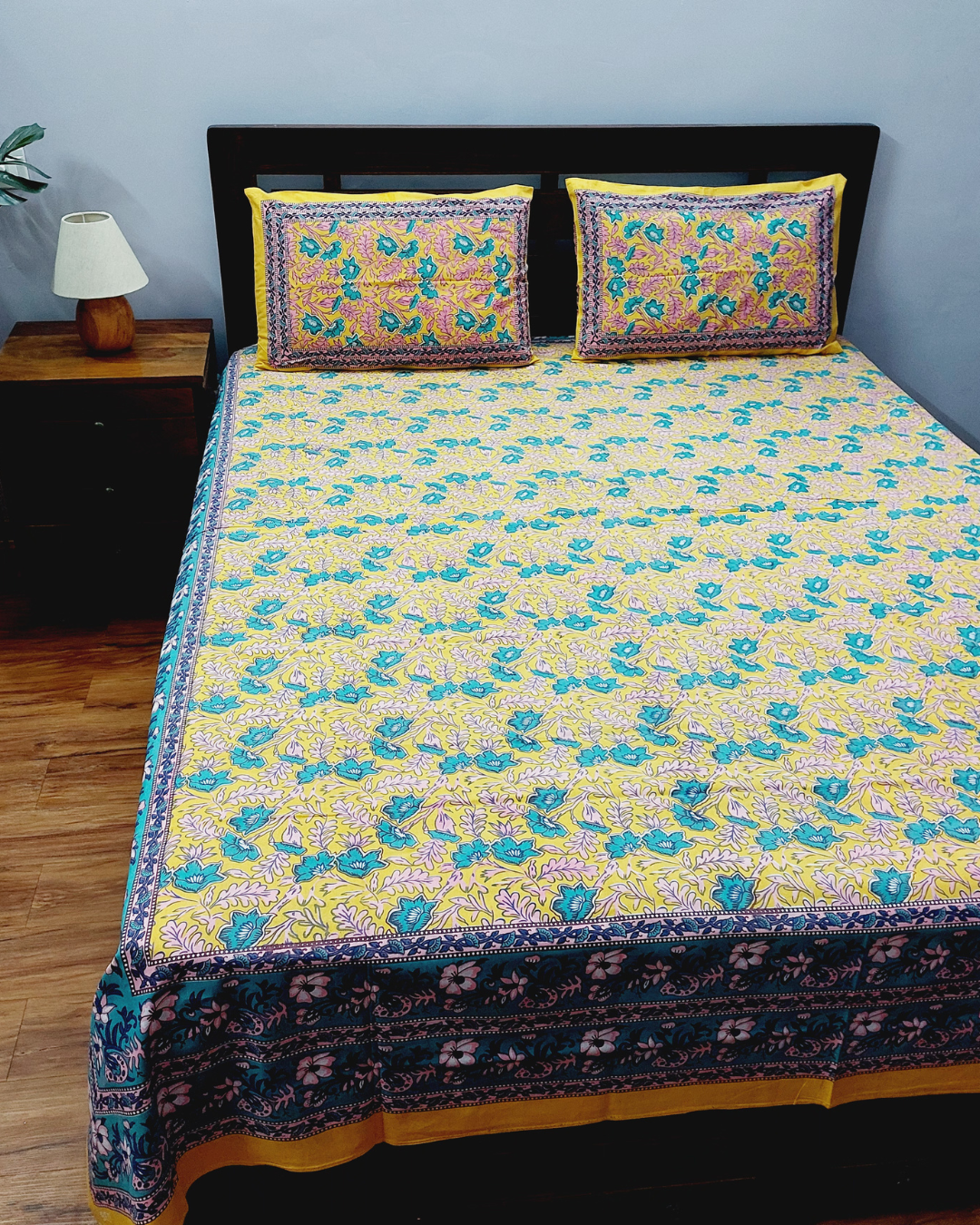 Cotton Double Bedsheet Yellow Floral Jaal Print