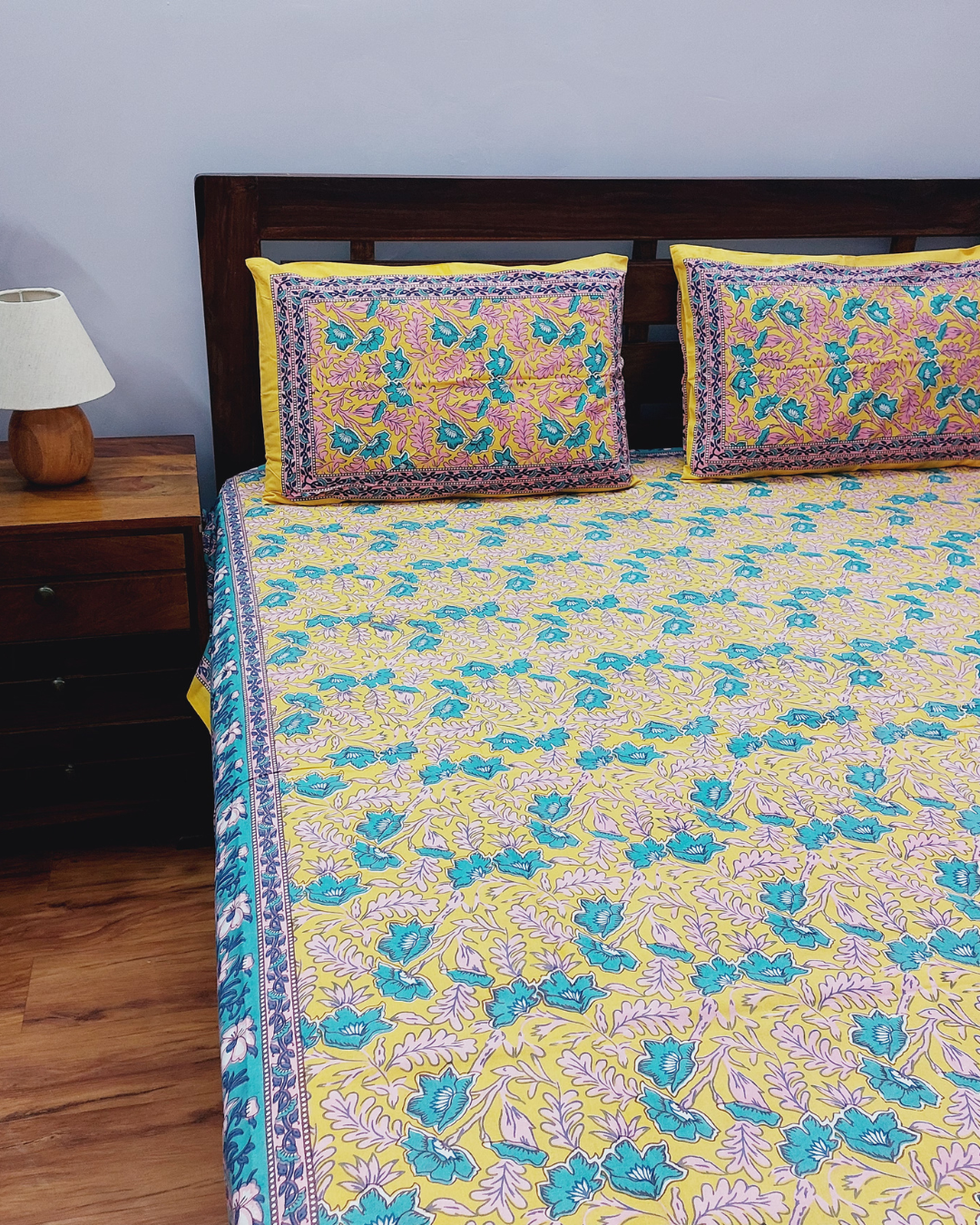 Cotton Double Bedsheet Yellow Floral Jaal Print