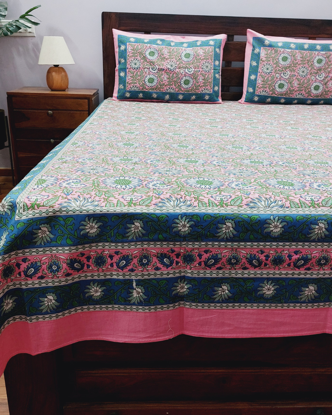Cotton Double Bedsheet Pink Floral Jaal Print