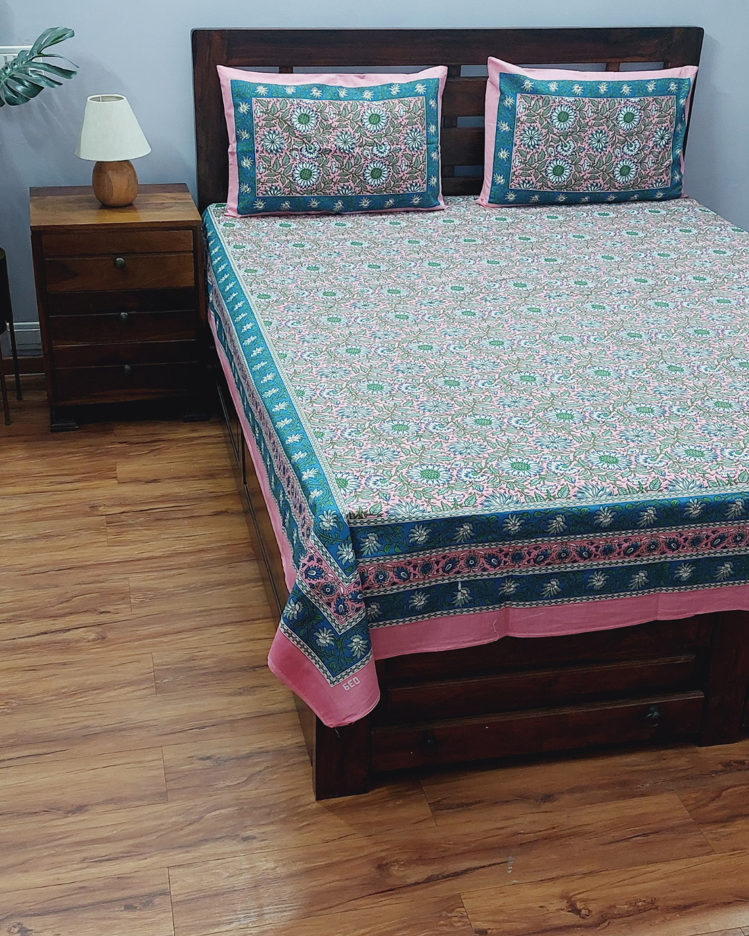 Cotton Double Bedsheet Pink Floral Jaal Print