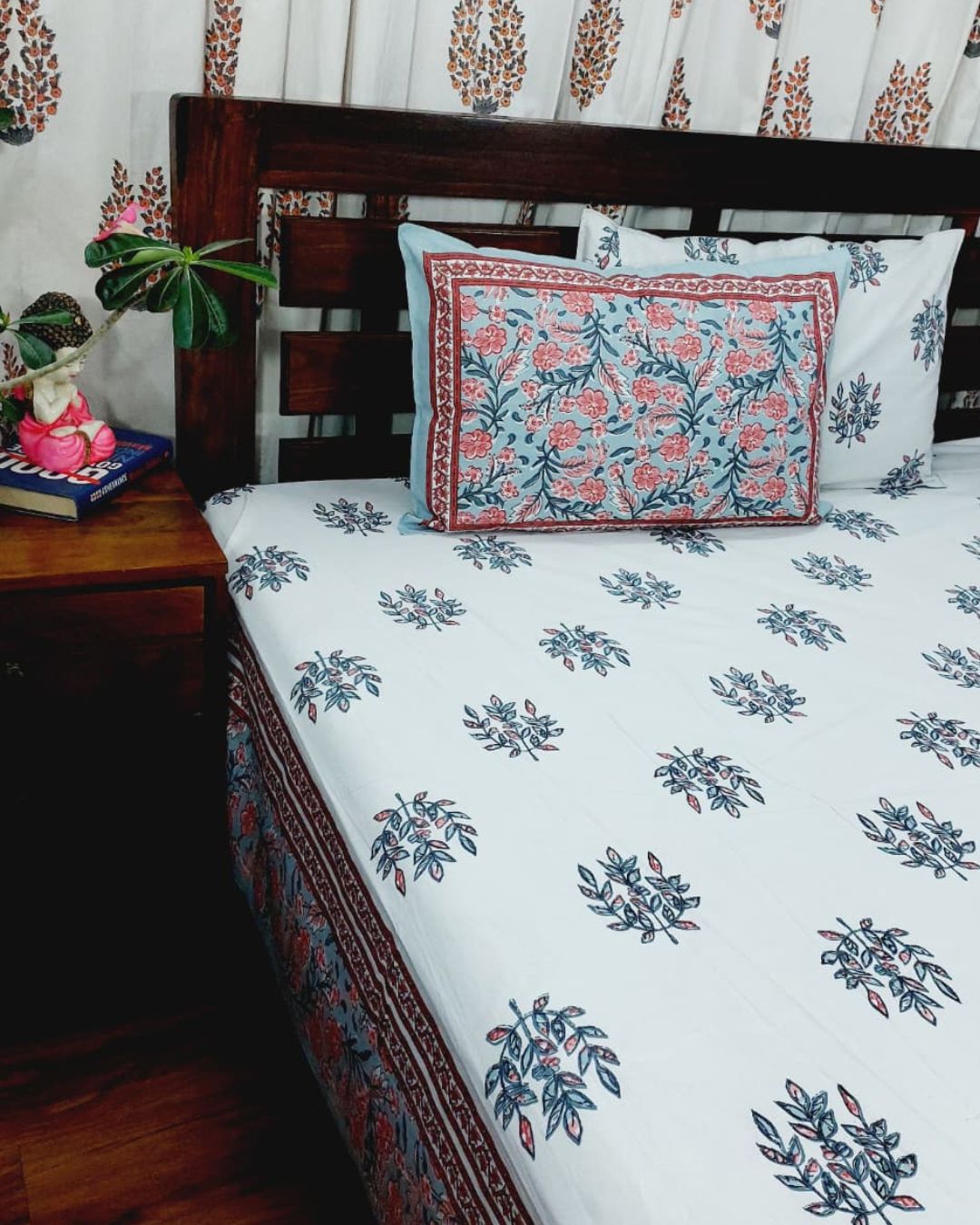 Cotton Double Bed Sheet Grey Pink Floral Boota Print
