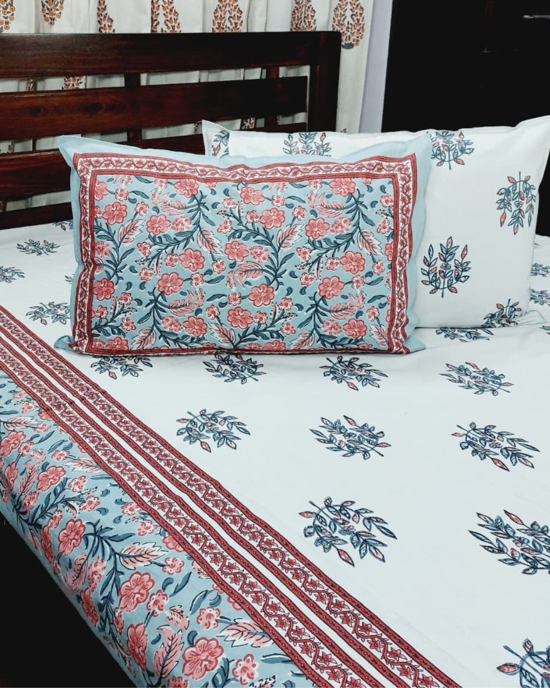 Cotton Double Bed Sheet Grey Pink Floral Boota Print