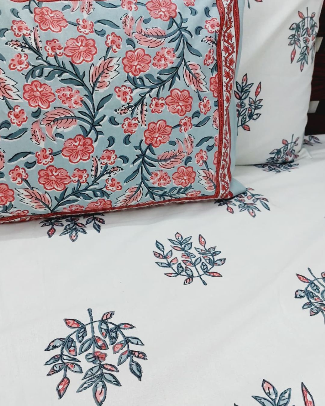 Cotton Double Bed Sheet Grey Pink Floral Boota Print