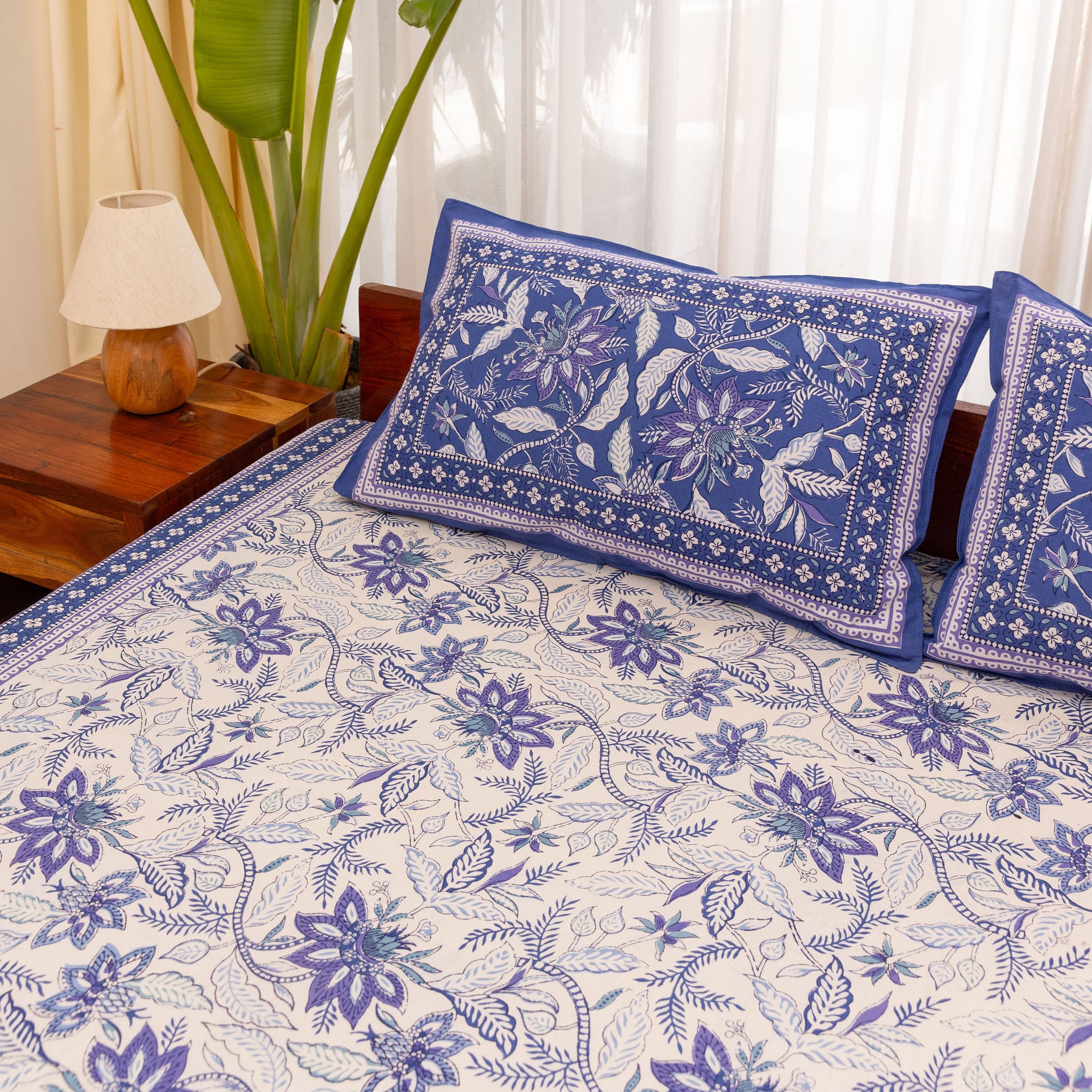 Cotton Queen Size Bedsheet Blue-White Leaf Jaal Print