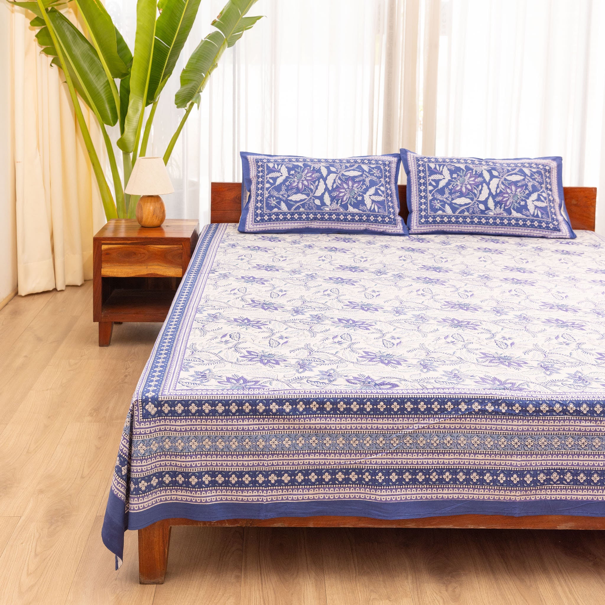 Cotton Queen Size Bedsheet Blue-White Leaf Jaal Print
