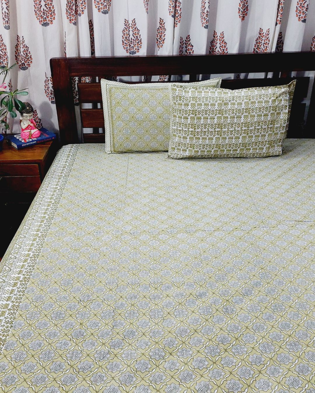 Cotton Double Bedsheet Olive green Floral Jaal Print