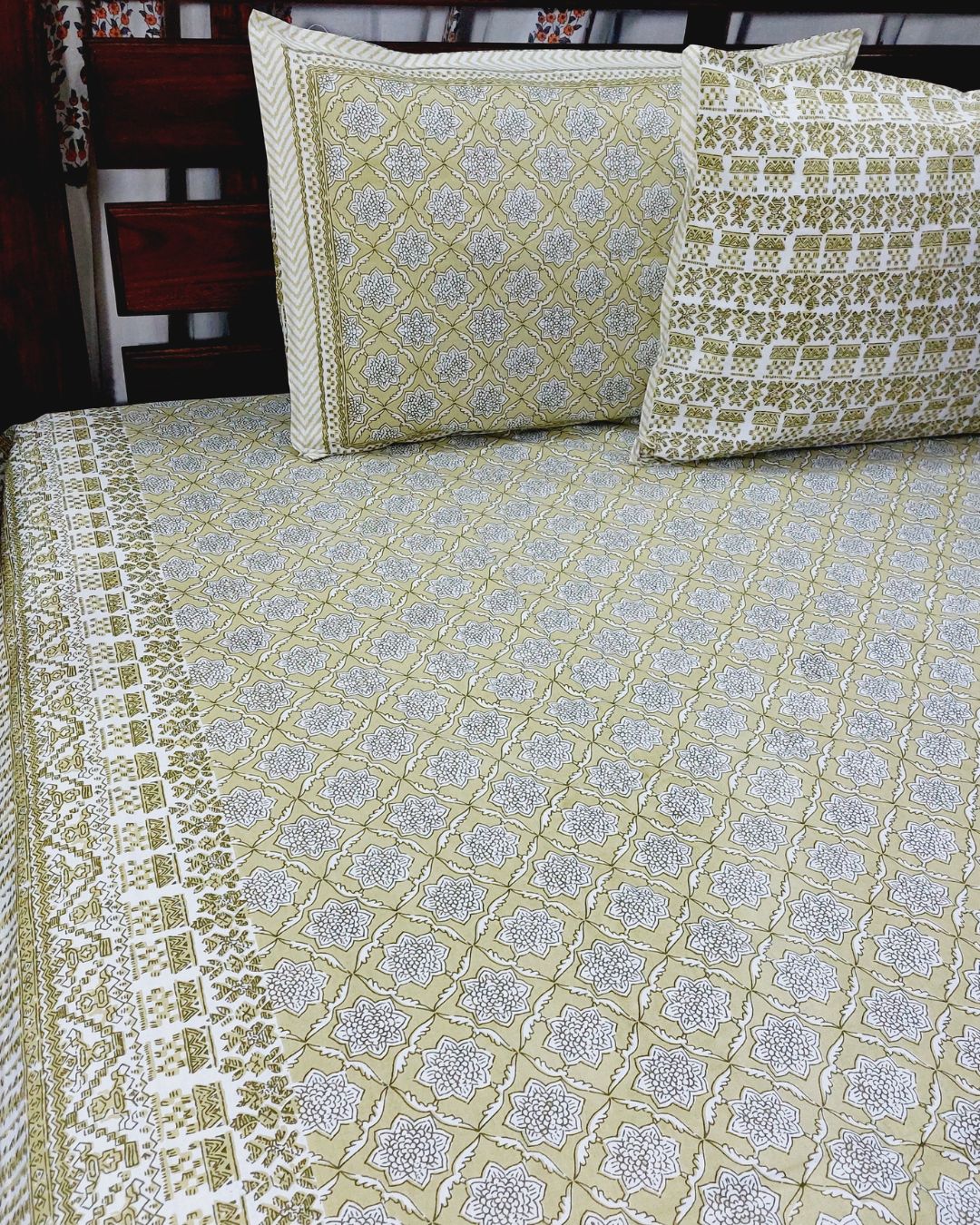 Cotton Double Bedsheet Olive green Floral Jaal Print