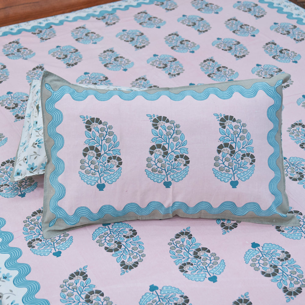 Cotton Pink Blue floral Print Queen Size Bedsheet
