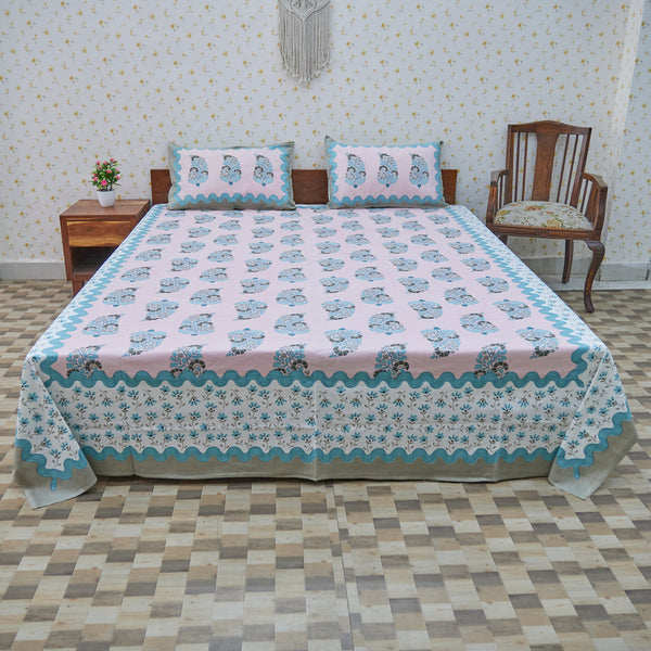Cotton White Tufts Blue floral Queen Size Bedsheet