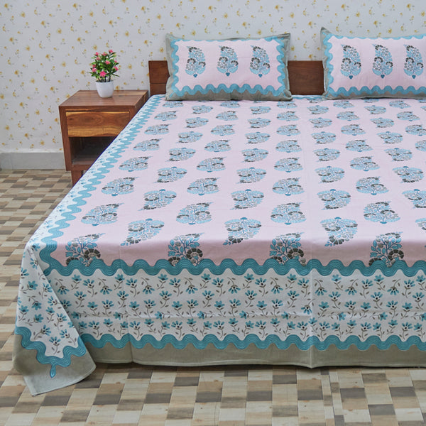Cotton Pink Blue floral Print Queen Size Bedsheet
