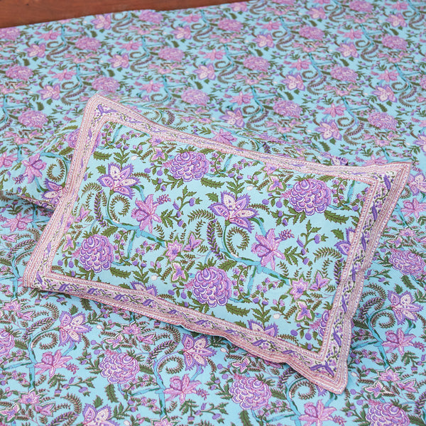 Cotton Double Bedsheet Light Green Purple Floral Jaal Print