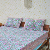 Cotton Double Bedsheet Light Green Purple Floral Jaal Print
