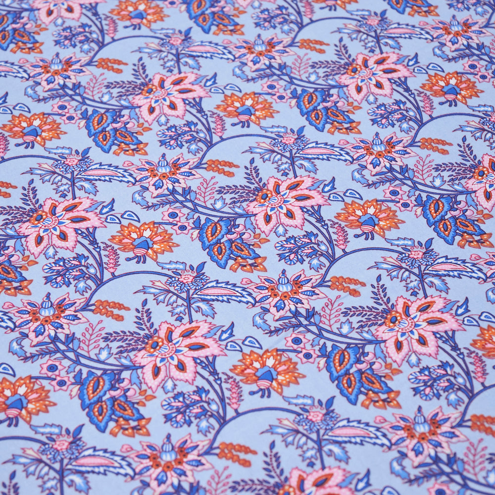 Cotton Double Bedsheet Blue-Orange Floral Jaal Print