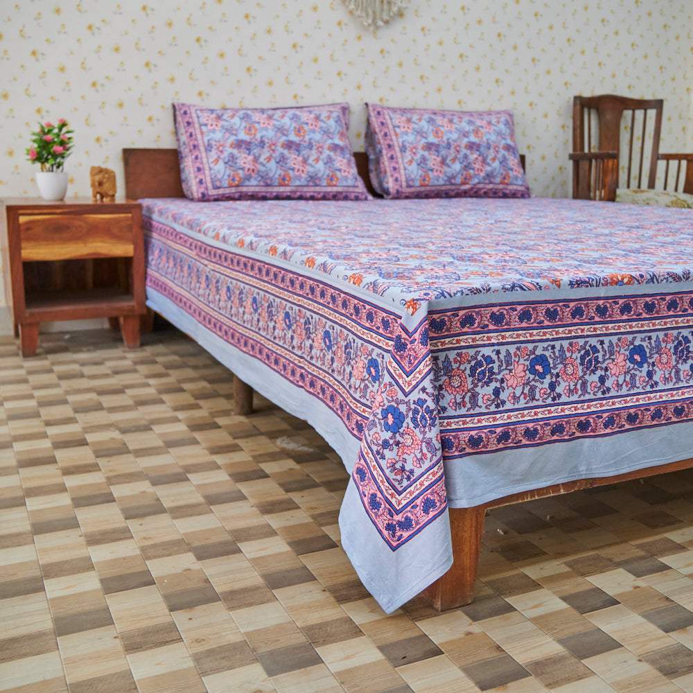Cotton Double Bedsheet Blue-Orange Floral Jaal Print