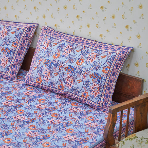 Cotton Double Bedsheet Blue-Orange Floral Jaal Print