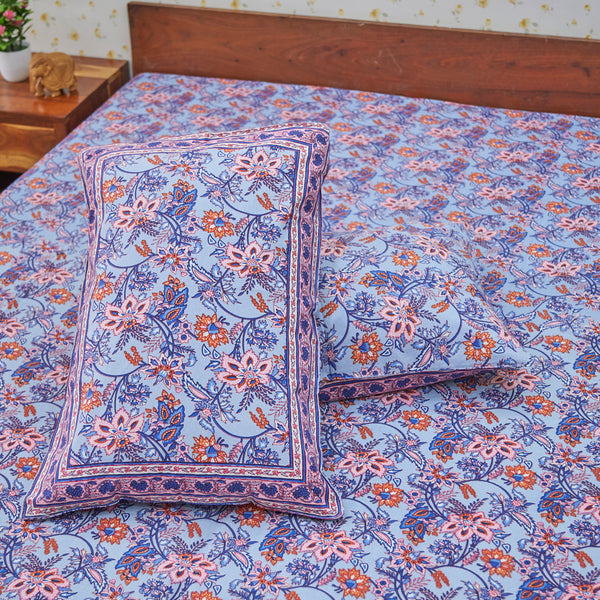 Cotton Double Bedsheet Blue-Orange Floral Jaal Print