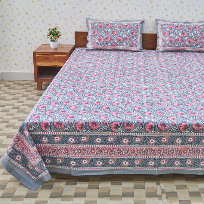 Cotton Dark Grey Pink Cherry Blossam Floral Queen Size Bedsheet