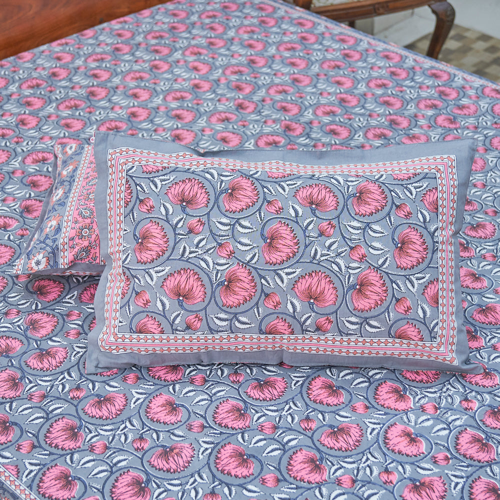 Cotton Dark Grey Pink Cherry Blossam Floral Queen Size Bedsheet