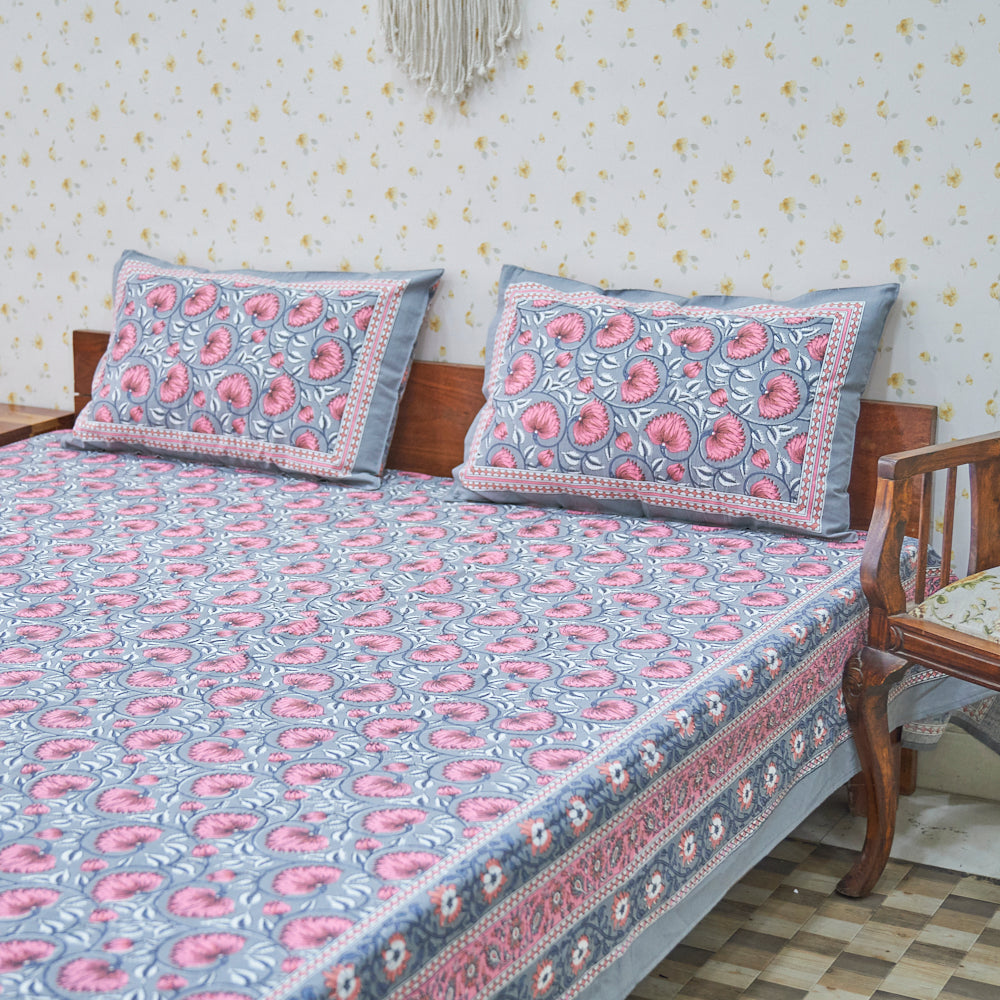 Cotton Dark Grey Pink Cherry Blossam Floral Queen Size Bedsheet
