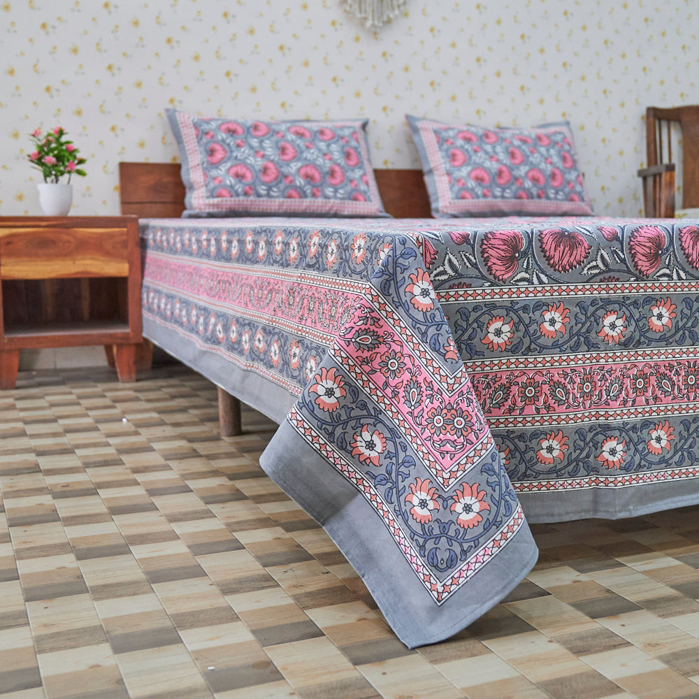 Cotton Dark Grey Pink Cherry Blossam Floral Queen Size Bedsheet