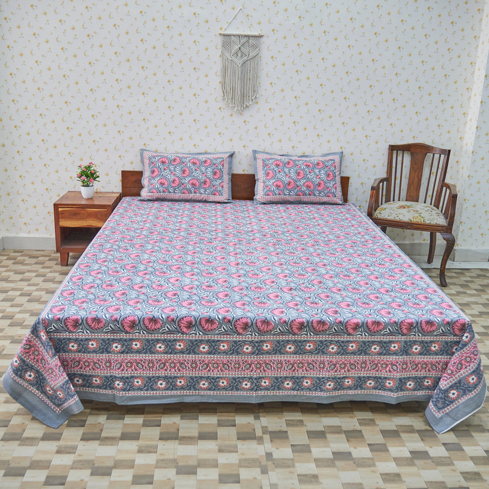 Cotton Dark Grey Pink Cherry Blossam Floral Queen Size Bedsheet