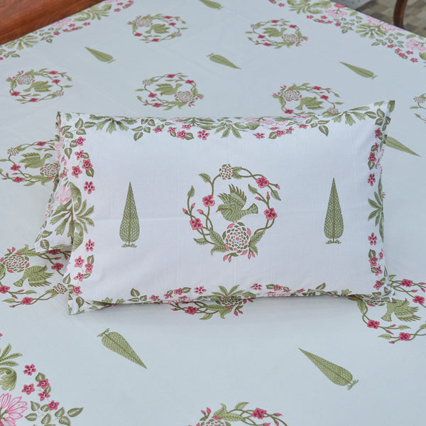 Cotton White Green Pine Tree  Floral Jaal Print Queen Size Bedsheet