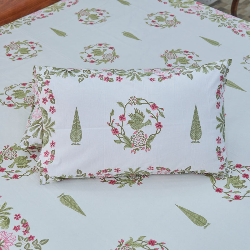 Cotton White Green Pine Tree  Floral Jaal Print Queen Size Bedsheet