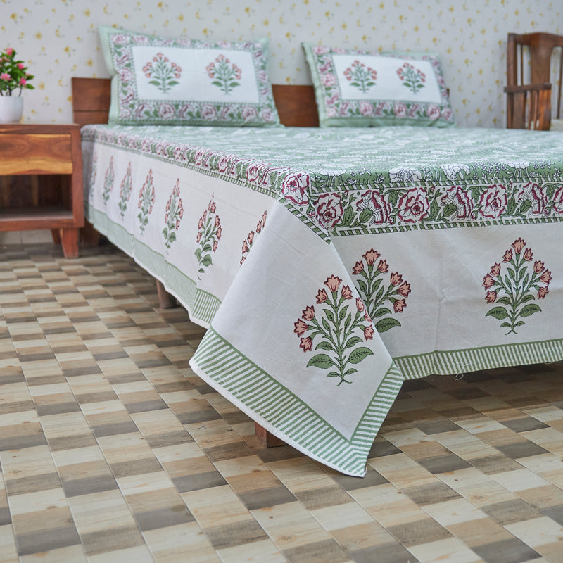 Cotton White Green Red Morning Glory Queen Size Bedsheet