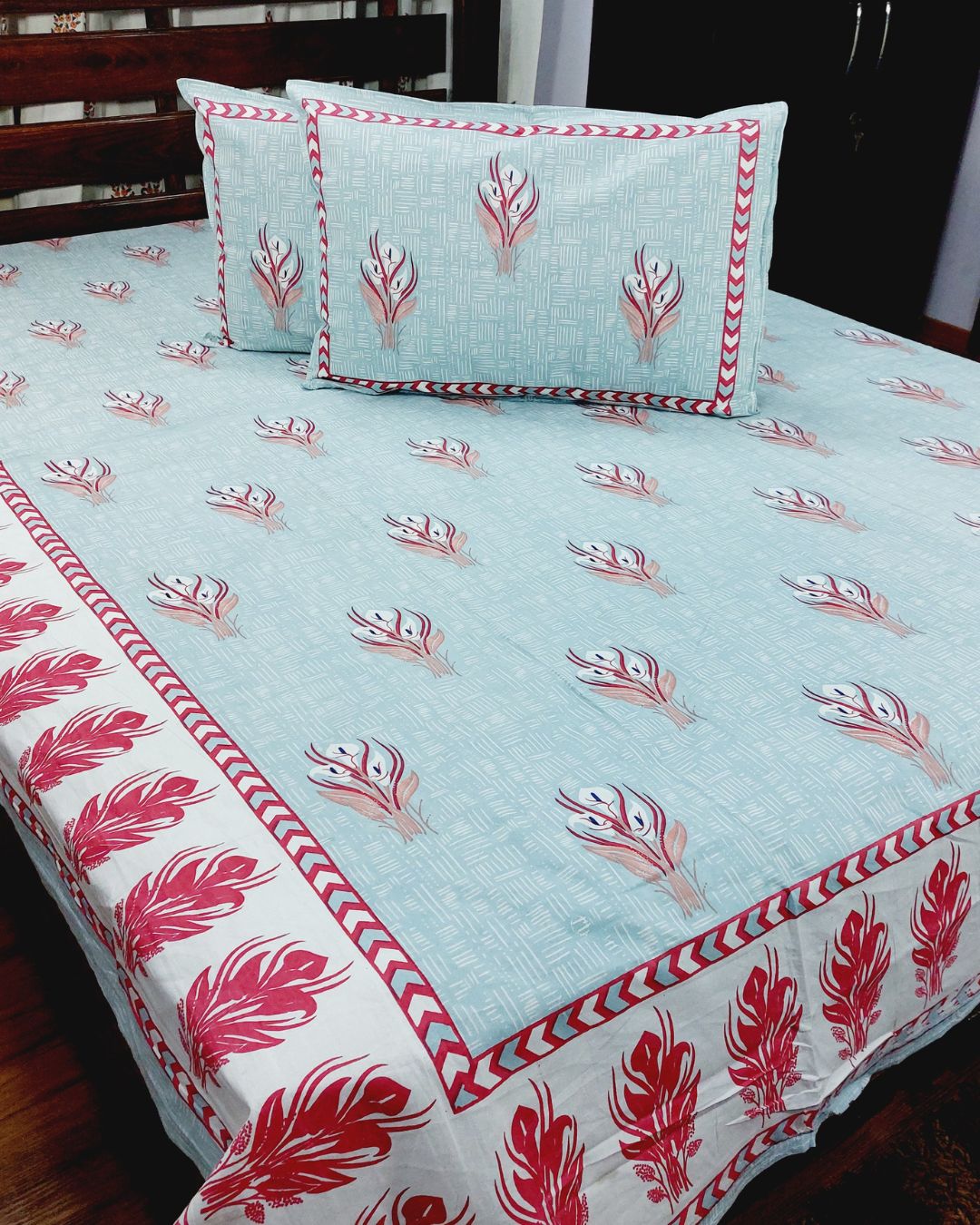 Cotton Grey Red Floral Queen Size Bedsheet