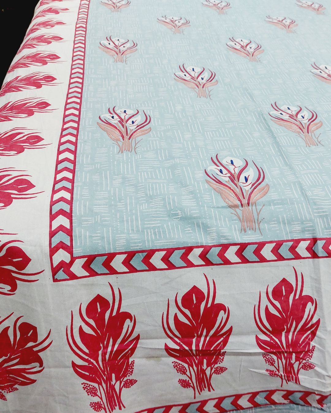Cotton Grey Red Floral Queen Size Bedsheet
