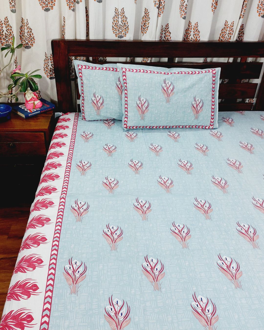 Cotton Grey Red Floral Queen Size Bedsheet
