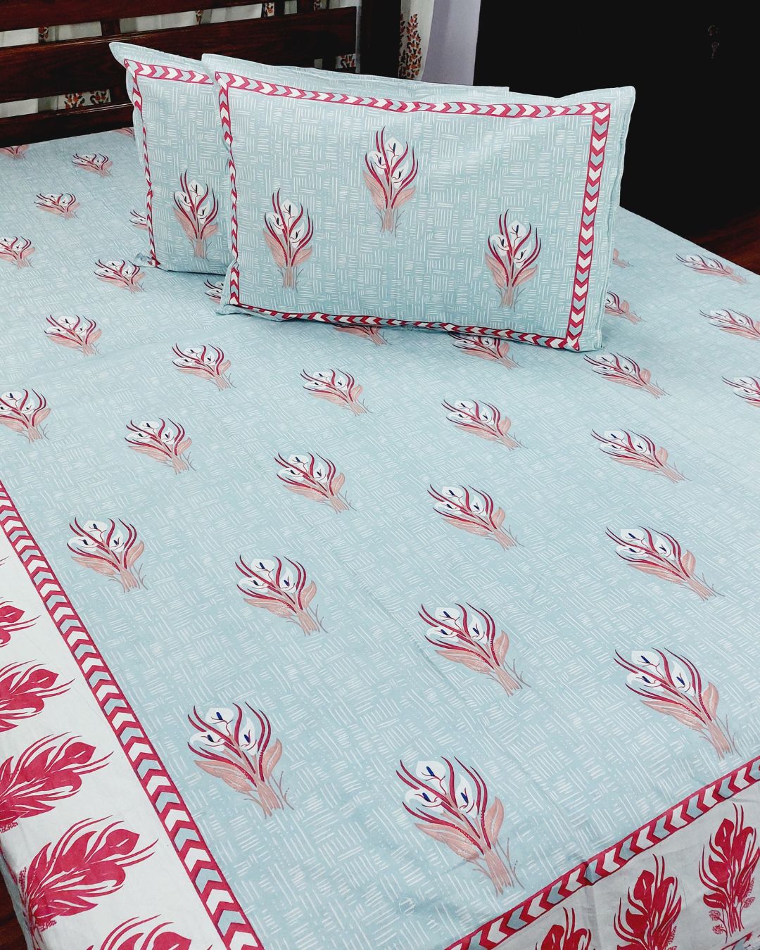 Cotton Grey Red Floral Queen Size Bedsheet