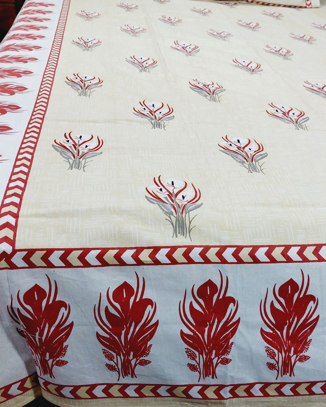 Cotton Yellow Red Floral Queen Size Bedsheet